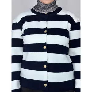 Casual Gold Button Detail <b>Cardigan</b> with Striped and Solid Print for Winter Season - Product Image 3