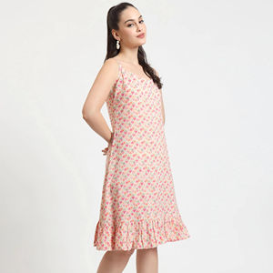 Sati Factory verano Casual Floral geométrico triángulo estampado vestido rosa Beige sin mangas suelta silueta volante dobladillo hasta la rodilla - Product Image 1