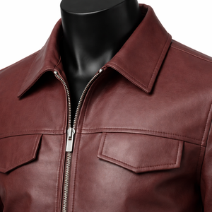 Veste zippée unie en similicuir bordeaux pour homme, coupe ajustée, style court, veste en cuir tendance pour homme - Product Image 4