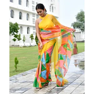 Sari jaune réversible fait main en organza, long jusqu'au sol, peint à la main, léger, pour les occasions festives et les mariages, pour femmes - Product Image 2