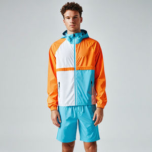 Conjunto Deportivo de 2 Piezas para Hombre, Chaqueta con Capucha y Pantalones Cortos, Color Verde Neón, Bloques de Color, Transpirable, Resistente al Viento, Venta al Por Mayor - Product Image 3