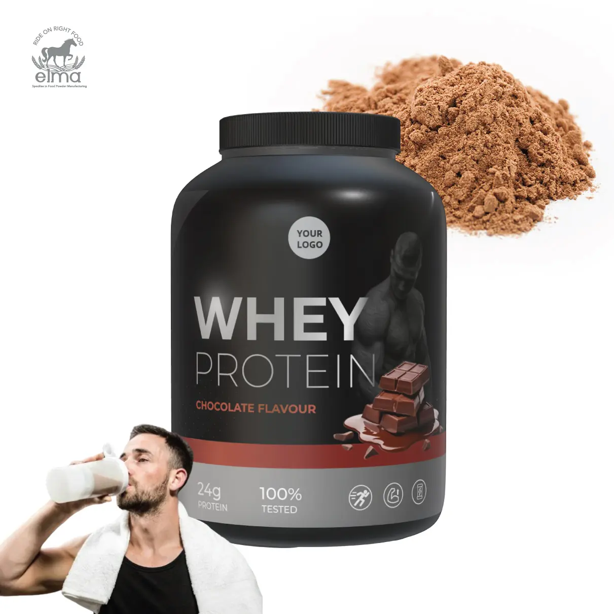 Supplément sportif de poudre de protéine de lactosérum de saveur de cacao de lactosérum de haute qualité pour le gain musculaire pour la forme physique quotidienne emballée en bouteille