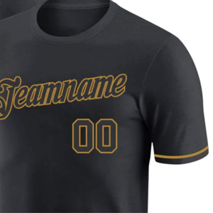 Maillot de baseball noir personnalisé pour hommes, sublimé avec contour doré, nom de l'équipe, numéro, tissu en polyester respirant - Product Image 4
