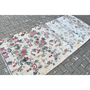 Vintage Rug, Area 3.9x8.8 ft Turkish Rug, <b>Red</b> Blue Floral <b>Wool</b> Rug - Product Image 2