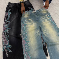 Boy Vintage güneş soluk mavi Baggy düğme kapatma Unisex Rhinestone sıkıntılı erkekler Denim pantolon Flare Staight bacak kot