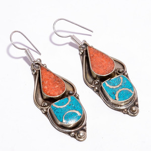 Pendiente de piedras preciosas de lapislázuli Coral turquesa natural, joyería de plata tibetana hecha a mano, proveedor de joyería de boda, joyería fina - Product Image 4