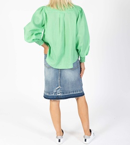 Light Green Casual Women's Shirts <b>Custom</b> Ladies Tops Blouse <b>Balloon</b> Sleeves Deep Shirred Cuff Curved Hemline Linen Fabric Summer - Product Image 3