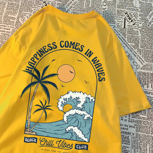 Happiness Comes In Waves Imprimé T-shirt unisexe ample et décontracté, motif créatif, pour couple - Product Image 3