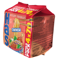 Nouilles instantanées frites HAS, farine de blé, saveur chinoise, pack familial 280g, cuisson en 3 minutes, 18% de matières grasses, certifiées HACCP/HALAL/ISO, SRB