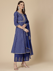 Ensemble Kurta pour femmes, tendance, bleu uni, 100% coton, broderie, avec pantalon palazzo et dupatta, tenue élégante décontractée - Product Image 5