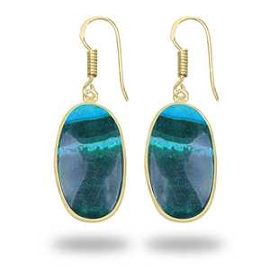 ต่างหูดีไซน์เนอร์ทำมือจากทองเหลืองชุบทอง ประดับด้วยพลอยอะซูไรต์-มาลาไคต์ สวยงามคลาสสิก เหมาะสำหรับงานปาร์ตี้และแฟชั่น - Product Image 3