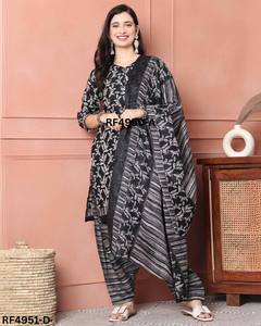 Venta al por mayor de algodón Kurti Set para mujer con Dupatta Mesa elegante diseño impreso en motivos florales abstractos - Product Image 3