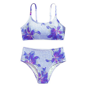 Ensemble de bikini 2 pièces pour femmes, imprimé floral, taille haute froncée, extensible, en spandex et polyester, maillot de bain imprimé numérique, vêtements de plage - Product Image 5