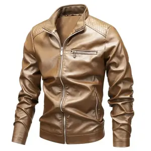 Chaquetas de cuero PU casuales de moda para hombre, con cuello alto, estilo motero, cálidas y elegantes, en tela de lona. - Product Image 4