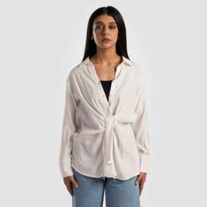 Camisa tipo top cruzada Harmony Outwear blanca con cuello asimétrico de popelina, lino y algodón tejido, holgada, informal y formal, talla XL para otoño y primavera - Product Image 1