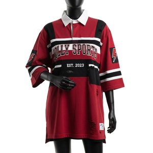 Maillot de rugby pour femme en coton et polyester, jersey épais, rouge, noir, blanc, avec empiècements, logo personnalisé imprimé à l'écran, maillot de rugby pour femme en coton - Product Image 1