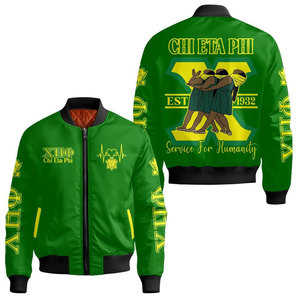 เสื้อแจ็คเก็ตบอมเบอร์สีเขียวสำหรับผู้ชาย ยี่ห้อชิ เอต้า ฟี พร้อมซิปพิมพ์ลายสีเหลืองด้านหน้า เสื้อคลุมกันลมลำลอง - Product Image 1