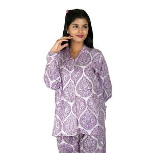 Conjunto de pijama de algodón con estampado Floral de bloque de mano para mujer tela tejida suave y cómoda para traje de dama de honor de verano - Product Image 4