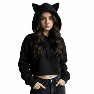 Chaqueta de Invierno de Moda para Mujer, de Alta Calidad, Cómoda, Informal, Holgada, con Capucha, Orejas de Gato, Forro Polar Corto, Teñido Anudado, Lavada, con Logotipo Frontal - Product Image 2