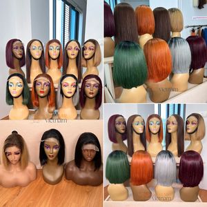 Perruques dentelle colorée 100 pour cent cheveux humains Bob perruque Double dessiné os cheveux raides faisceaux suisse dentelle avant perruques - Product Image 6