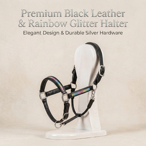 Silla de montar inglesa de cuero negro con brillo arcoíris en la narigueira y las patillas, herrajes plateados ajustables, elegante para equitación. - Product Image 2