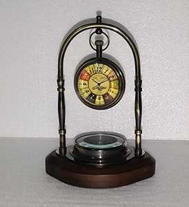 Reloj de mesa de latón antiguo personalizado de alta calidad, brújula de Metal con Base de madera, artículo decorativo hecho a mano marrón - Product Image 1