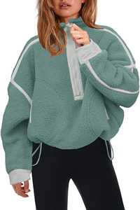 Sweat-shirt à capuche en polaire sherpa pour femme, fermeture éclair sur le devant, personnalisable, doux, chaud, manches longues, bordure contrastée, confortable, décontracté, hiver - Product Image 3