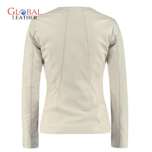 <b>White</b> Collarless Real Sheepskin Leather <b>Jacket</b> for Women - Product Image 2