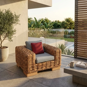Natural Rattan Woven Outdoor Armchair Grey Cushion Red <b>Throw</b> Pillow Single Lounge <b>Chair</b> Setup Decor Pure Art Design - Product Image 3