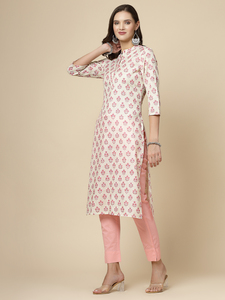 Ensemble pantalon et kurta pour femmes, style indien, élégant, couleur rose unie, coton, col mandarin, manches trois quarts, coupe droite - Product Image 3