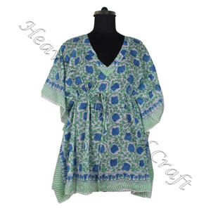 2025 dernières femmes col en V cordon taille mollet longueur courte caftan robe main bloc imprimé caftan à la main indien Caftan Abaya - Product Image 1