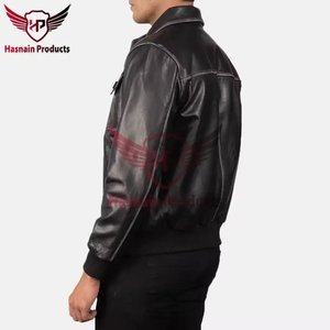 Blouson Bomber Homme en Cuir Véritable Noir, Col Chemise, Poches à Rabat sur la Poitrine, Manteau en Peau de Mouton Vieilli, Veste Extérieure Personnalisée Style Trucker Vintage - Product Image 3