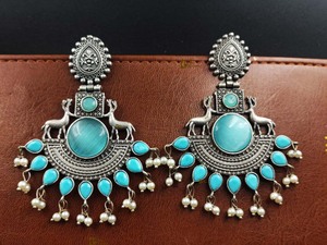 <b>Silver</b> Replica Earring Light Weight Deer Earrings Premium Design Sliver Replica Oxidized Monalisa Stone Casual Party Wear - Product Image 3