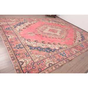 Vintage Turkish Rug, 9.7x12.6 ft Rug, <b>Red</b> Blue Check <b>Wool</b> Rug - Product Image 2