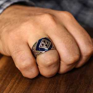Men's 925 Sterling Silver Geometric Pattern <b>Ring</b> with <b>Black</b> Enamel Natural Round Stones Bezel Setting Inlay Gift - Product Image 1