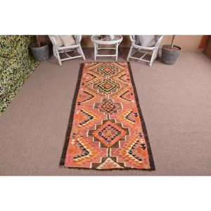 Turkish Rug, 3.3x8.2 ft Area Rug, <b>Red</b> Orange Kilim <b>Wool</b> Rug - Product Image 1