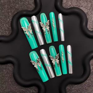 Uñas Postizas de Lujo, Diseño de Mariposa Verde, Acrílicas, con Pegamento Reutilizable para Aplicación en Dedos, 24 Piezas - Product Image 5