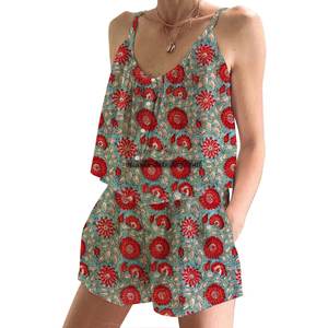 Ensemble pyjama court en coton pour femmes, imprimé à la main, pour le printemps/été, motif floral, ajusté, bretelles fines, sans manches - Product Image 5