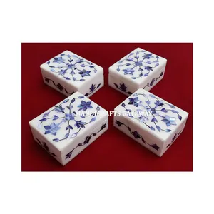 白色大理石蓝色镶嵌盒印度大理石手工天然珍珠母珠宝盒批发商