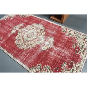 Tapis turc vintage 4,4x8,4 pieds, rouge beige, en laine, fait main, écologique, patchwork traditionnel, design abstrait, 10 mm, en latex, pour entrée - Product Image 4