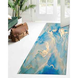 Tapis en chenille bleu et or marbré : Art abstrait moderne, tapis fin non tissé - Product Image 5