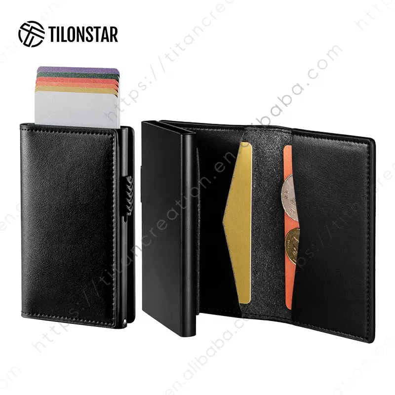 TILONSTAR TG305 Slim Compact RFID Blocking Minimalist Leather Aluminum Business Credit Card Wallet Pop Up Card Holder Men