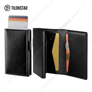 TILONSTAR TG305 Slim Compact RFID Blocking Minimalist Leather Aluminum Business Credit Card Wallet Pop Up Card Holder Men