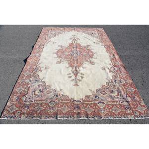 Vintage Turkish Rug Classic Red <b>White</b> 6.2 X 9.1ft Large Area <b>Wool</b> Latex Patchwork for Hallway Room Abstract Design for Teens - Product Image 1