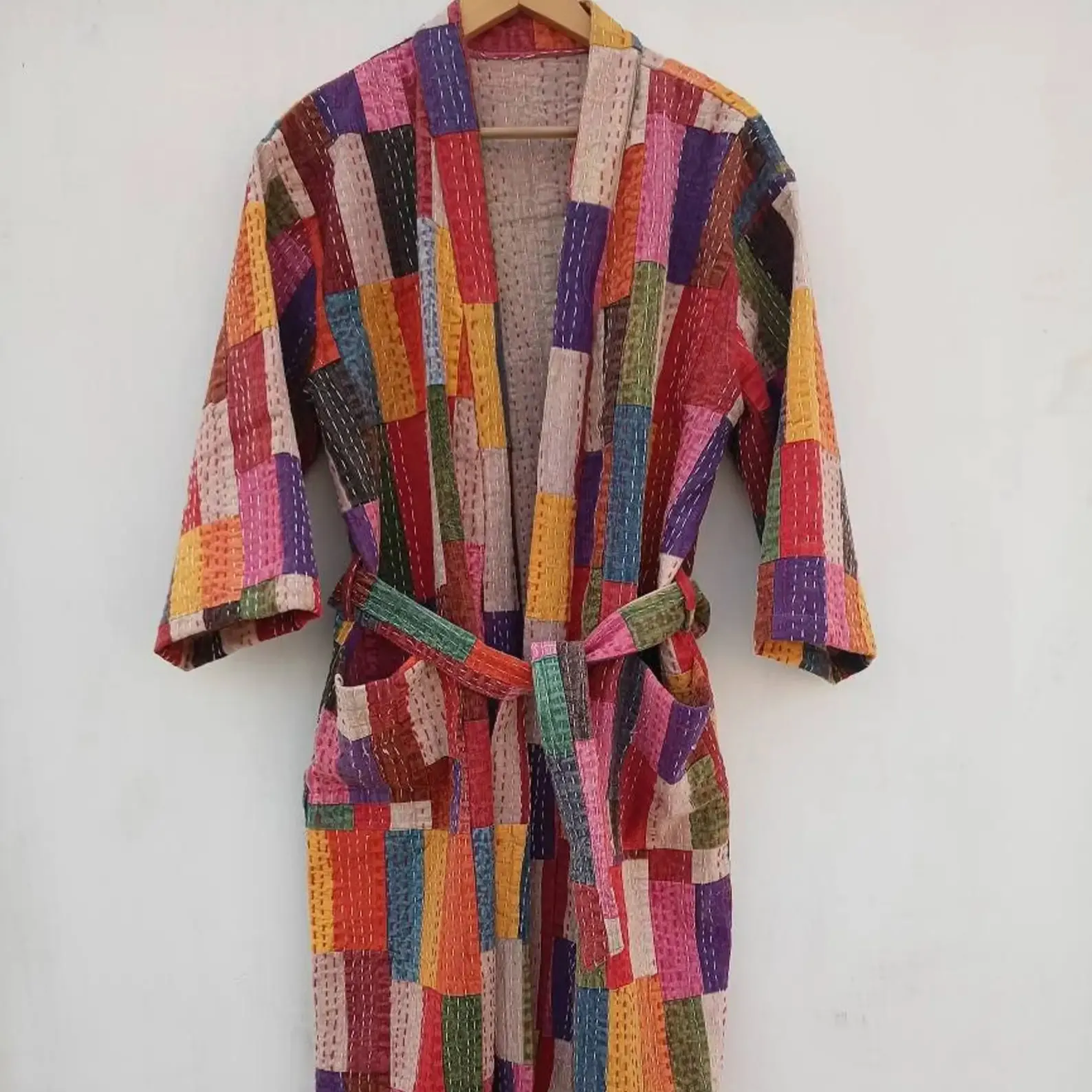インドの手作り綿100% ヴィンテージカンタキルティングユニセックスハウスコートローブコットンカンタ着物ローブ女性用
