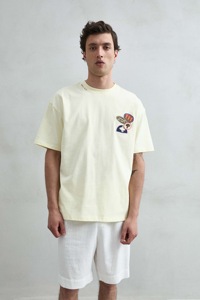 T-Shirt Regular Fit Beige Chiaro 100% Cotone Stampa Floreale Manica Corta Anti-Pilling Stile Normcore/Minimalista 240 Grammi con Filigrana - Product Image 3