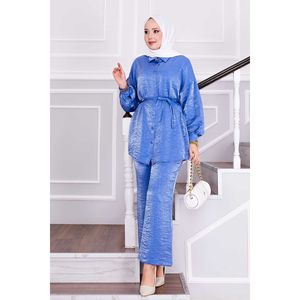 Ensemble deux pièces indigo pour femme avec haut à taille ajustable et pantalon en crêpe ample, tailles XS-XL, tenue de sport avec ceinture - Product Image 3