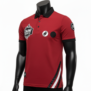 Camiseta polo para hombre, algodón poliéster piqué, 220 GSM, transpirable, rojo, negro, cuello, mangas, panel con rayas, logotipo con parche bordado personalizado - Product Image 2