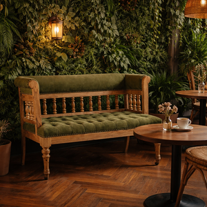 Sofá Banco Moderno de Mediados de Siglo en Madera Sólida |   Sofá Chesterfield de Dos Plazas Tapizado en Terciopelo y Cuero |   Apartamento Villa Interior - Product Image 2