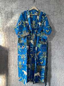 Kimono unisex de algodón azul de lujo con Estampado de jungla, albornoz bohemio indio para mujer, ropa de dormir transpirable para verano Otoño Invierno - Product Image 2